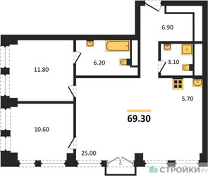 Планировка двухкомнатной(квартира) площадью 69.3 квадратных метров в ЖК “ЖК Emotion (Эмоушен)”