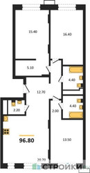 Планировка трехкомнатной(квартира) площадью 96.8 квадратных метров в ЖК “ЖК Резиденции Сколково”