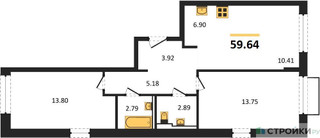 Планировка двухкомнатной(квартира) площадью 59.64 квадратных метров в “ЖК Новое Внуково”