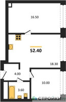 Планировка двухкомнатной(квартира) площадью 52.4 квадратных метров в “ЖК Архитектурный проект RAKURS (Ракурс)”