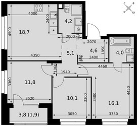 Планировка 4+ комнатной(квартира) площадью 76.5 квадратных метров в ЖК “ЖК Симоновский вал”