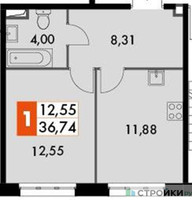 Планировка однокомнатной(апартаменты) площадью 36.74 квадратных метров в “ЖК Движение. Говорово”