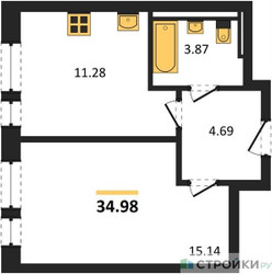 Планировка однокомнатной(квартира) площадью 34.98 квадратных метров в ЖК “ЖК Квартал Авиаторов”