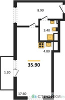 Планировка студии(квартира) площадью 35.9 квадратных метров в “ЖК Одинцово Сити”