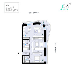 Планировка трехкомнатной(квартира) площадью 91.25 квадратных метров в ЖК “СберСити в Рублево-Архангельском”