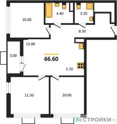 Планировка трехкомнатной(квартира) площадью 66.6 квадратных метров в ЖК “ЖК Бунинские кварталы”