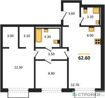 Планировка двухкомнатной(квартира) площадью 62.6 квадратных метров в “ЖК Равновесие”