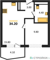 Планировка однокомнатной(квартира) площадью 34.2 квадратных метров в “ЖК "Коллекция"”