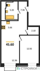 Планировка однокомнатной(квартира) площадью 45.6 квадратных метров в ЖК “ЖК Квартал Герцена”