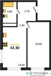 Планировка однокомнатной(квартира) площадью 42.3 квадратных метров в ЖК “ЖК Шагал”