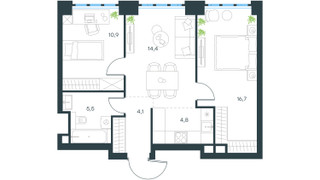 Планировка трехкомнатной(квартира) площадью 56.4 квадратных метров в “ЖК Level Южнопортовая”