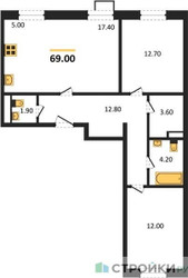 Планировка двухкомнатной(квартира) площадью 69 квадратных метров в ЖК “ЖК ЭкоБунино (Южное Бунино)”