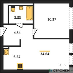 Планировка однокомнатной(квартира) площадью 34.64 квадратных метров в ЖК “ЖК Остафьево”
