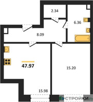 Планировка однокомнатной(квартира) площадью 47.97 квадратных метров в “ЖК Sezar City (Сезар Сити)”