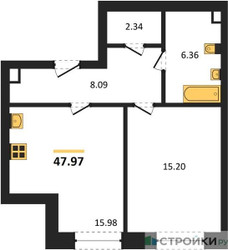 Планировка однокомнатной(квартира) площадью 47.97 квадратных метров в ЖК “ЖК Sezar City (Сезар Сити)”