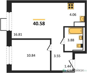 Планировка однокомнатной(квартира) площадью 40.58 квадратных метров в ЖК “ЖК Алхимово”