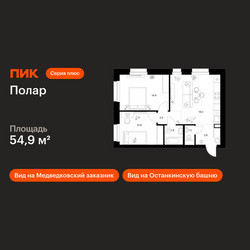 Планировка двухкомнатной(квартира) площадью 54.9 квадратных метров в ЖК “ЖК Полар”
