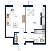 Планировка однокомнатной(квартира) площадью 37.05 квадратных метров в “ЖК Бархат”
