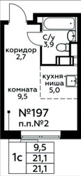 Планировка студии(квартира) площадью 21.1 квадратных метров в ЖК “Цветочные поляны”
