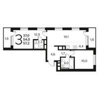 Планировка трехкомнатной(квартира) площадью 57.2 квадратных метров в “Новые Ватутинки. Заречный”