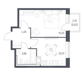 Планировка однокомнатной(квартира) площадью 35.6 квадратных метров в ЖК “ЖК Томилино Парк”