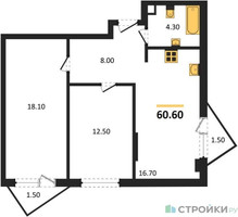 Планировка двухкомнатной(квартира) площадью 60.6 квадратных метров в “ЖК Sokolinn Park (Соколинн Парк)”