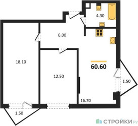 Планировка двухкомнатной(квартира) площадью 60.6 квадратных метров в ЖК “ЖК Sokolinn Park (Соколинн Парк)”