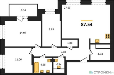 Планировка трехкомнатной(квартира) площадью 87.54 квадратных метров в ЖК “ЖК ВОСТОК II”