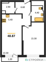 Планировка однокомнатной(квартира) площадью 48.87 квадратных метров в “ЖК Sky Sputnik (Скай Спутник)”