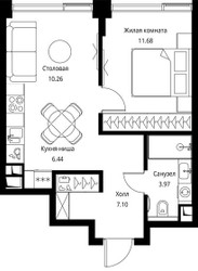 Планировка однокомнатной(квартира) площадью 39.45 квадратных метров в ЖК “ЖК Сити Бэй”