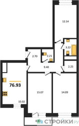 Планировка трехкомнатной(квартира) площадью 76.93 квадратных метров в ЖК “Семейный дом "Олива"”