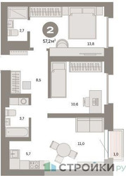 Планировка двухкомнатной(квартира) площадью 57.2 квадратных метров в ЖК “ЖК Квартал Метроном”