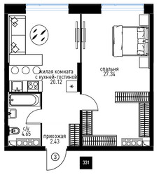 Планировка трехкомнатной(квартира) площадью 69.04 квадратных метров в ЖК “ЖК Инноватор”