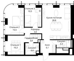 Планировка трехкомнатной(квартира) площадью 85.7 квадратных метров в “ЖК Сити Бэй”