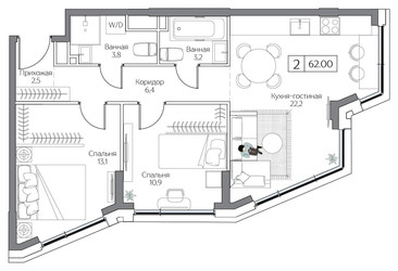 Планировка двухкомнатной(квартира) площадью 62 квадратных метров в ЖК “ЖК Дрим Рива”