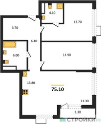 Планировка двухкомнатной(квартира) площадью 75.1 квадратных метров в ЖК “ЖК Южные сады”