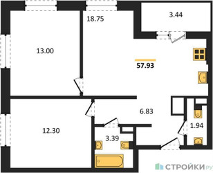 Планировка двухкомнатной(квартира) площадью 57.93 квадратных метров в ЖК “ЖК Светлый мир Станция Л”