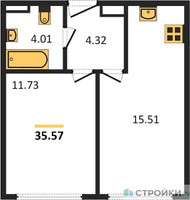 Планировка однокомнатной(апартаменты) площадью 35.57 квадратных метров в “ЖК Движение. Говорово”