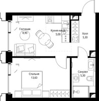 Планировка однокомнатной(квартира) площадью 38.4 квадратных метров в “ЖК СЕТ”