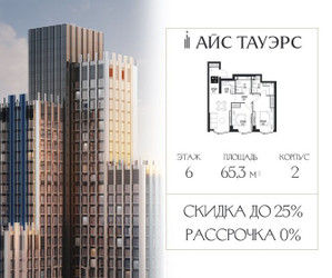Планировка двухкомнатной(квартира) площадью 65.3 квадратных метров в ЖК “ЖК Айс Тауэрс”