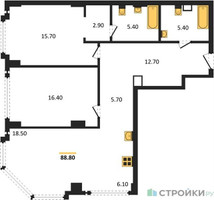 Планировка двухкомнатной(квартира) площадью 88.8 квадратных метров в “ЖК Мангазея на Тульской”