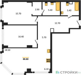 Планировка двухкомнатной(квартира) площадью 88.8 квадратных метров в “ЖК Мангазея на Тульской”