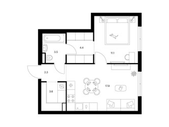 Планировка однокомнатной(квартира) площадью 42.8 квадратных метров в ЖК “ЖК Ильинские луга”