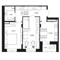 Планировка двухкомнатной(квартира) площадью 60.38 квадратных метров в “ЖК Времена года”