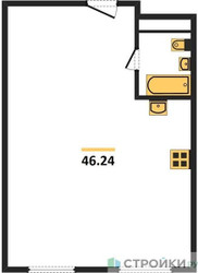 Планировка однокомнатной(апартаменты) площадью 46.24 квадратных метров в ЖК “ЖК Октябрьская 98 (MirrorЗдание)”