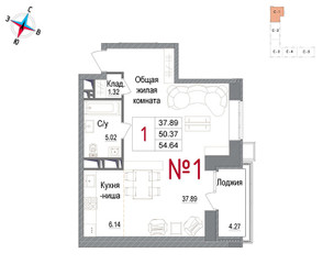 Планировка однокомнатной(квартира) площадью 54.5 квадратных метров в ЖК “ЖК Art (АРТ)”