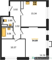 Планировка двухкомнатной(квартира) площадью 54.89 квадратных метров в “ЖК Прибрежный Парк”