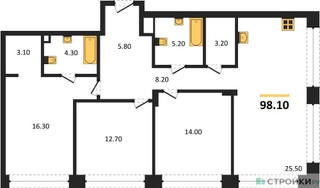 Планировка трехкомнатной(квартира) площадью 98.1 квадратных метров в “ЖК Шагал”