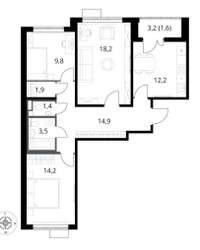 Планировка трехкомнатной(квартира) площадью 77.7 квадратных метров в ЖК “ЖК 1-й Саларьевский (Первый Саларьевский)”