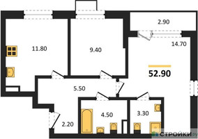 Планировка двухкомнатной(квартира) площадью 52.9 квадратных метров в “ЖК Прокшино”